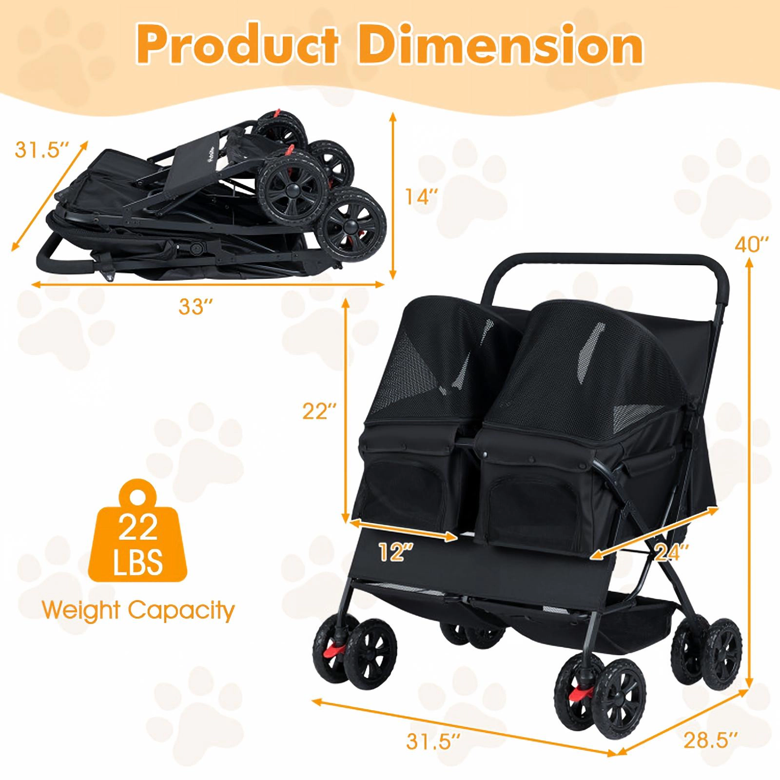 SUGIFT Black Double Pet Stroller with Adjustable Canopy 31.5-in W 28.5-in D 40-in H 26-lb Seat Capacity