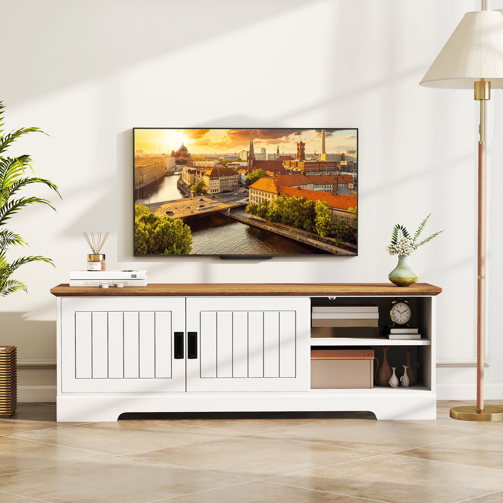 Glintex 59-Inch Farmhouse TV Stand with Sliding Doors and 6 Cable Holes, White & Oak