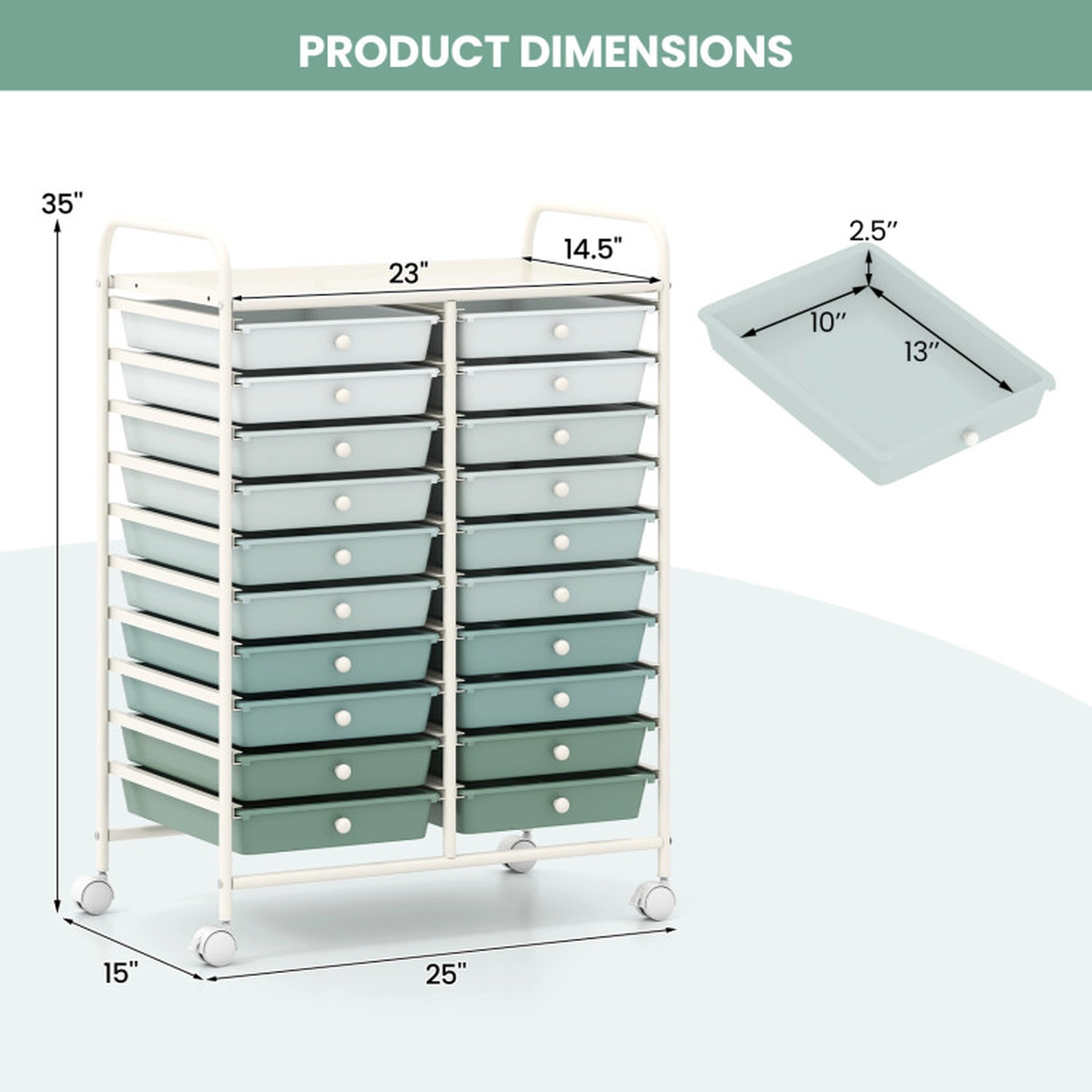 SUGIFT 20-Drawer 25 x 15 x 34-in White Frame Rolling Storage Cart Organizer with 4 Wheels and 2 Handles