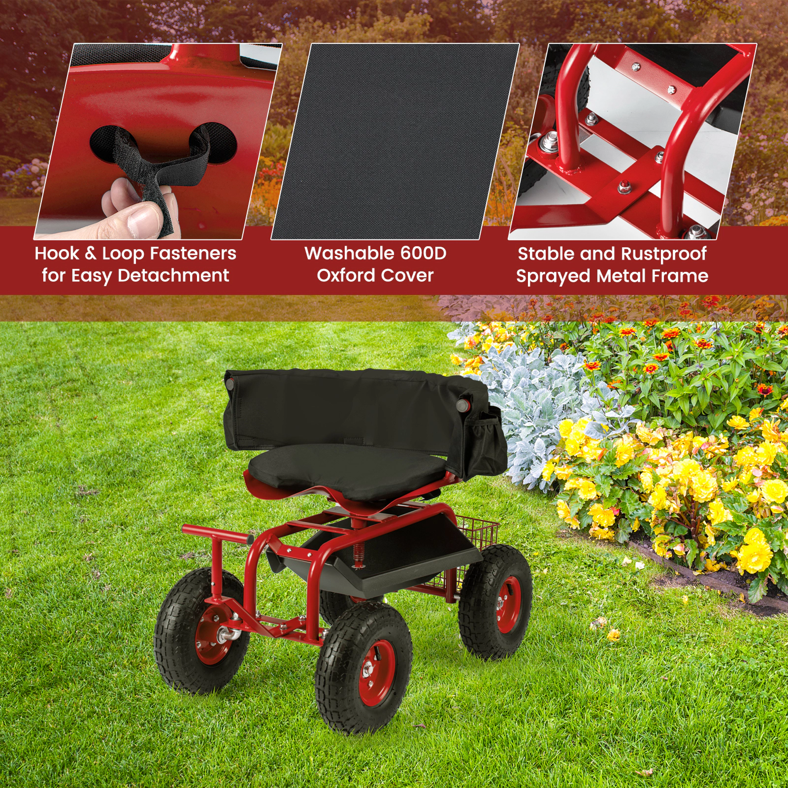 SUGIFT Rolling Garden Cart Red with Height Adjustable Swivel Seat Tool Tray and Basket