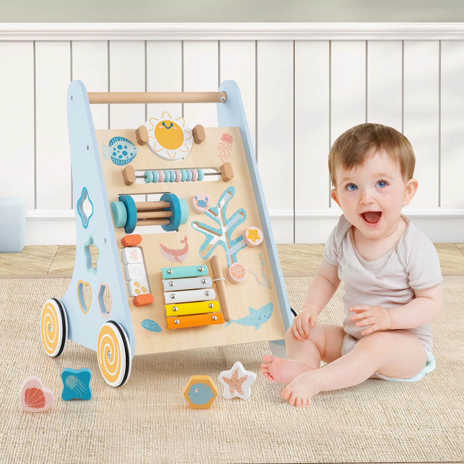 SlickBlue 8-in-1 Wooden Baby Walker with Interactive Learning Activities