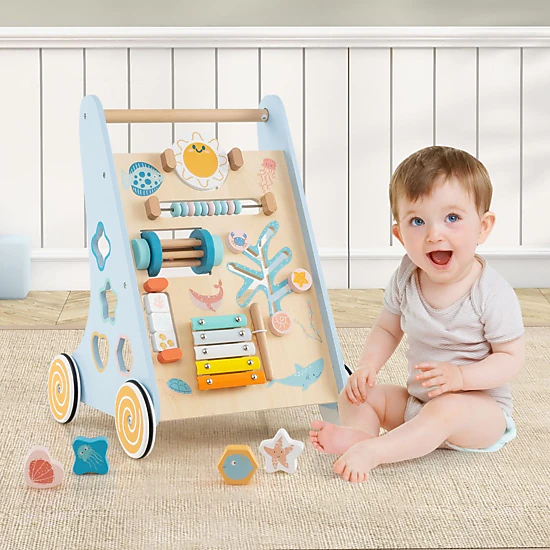 SlickBlue 8-in-1 Wooden Baby Walker with Interactive Learning Activities