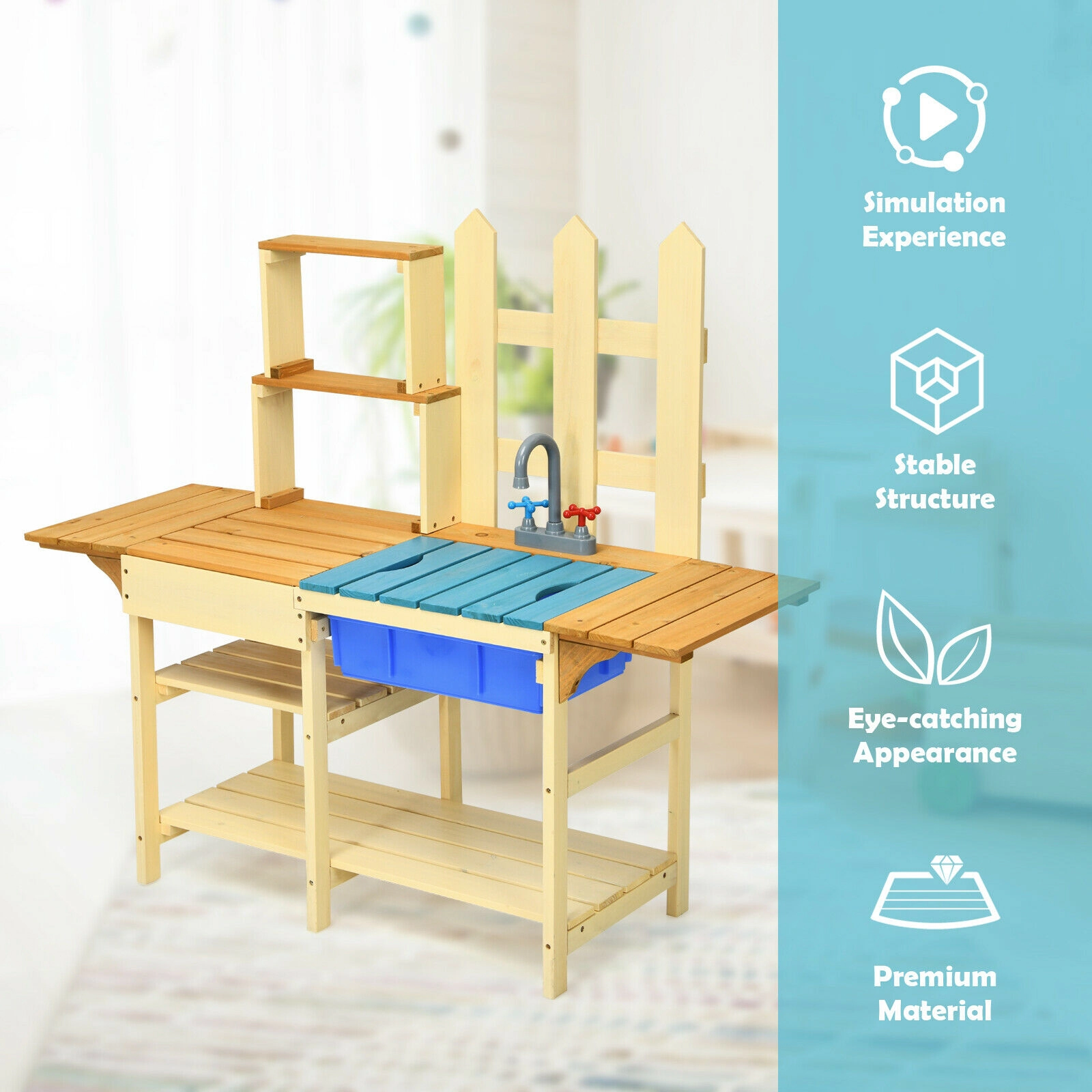 SUGIFT Outdoor Fir Wood Pretend Cook Kitchen Playset with Sink and Faucet 39.5-in Tall Ages 3+ As shown in the figure