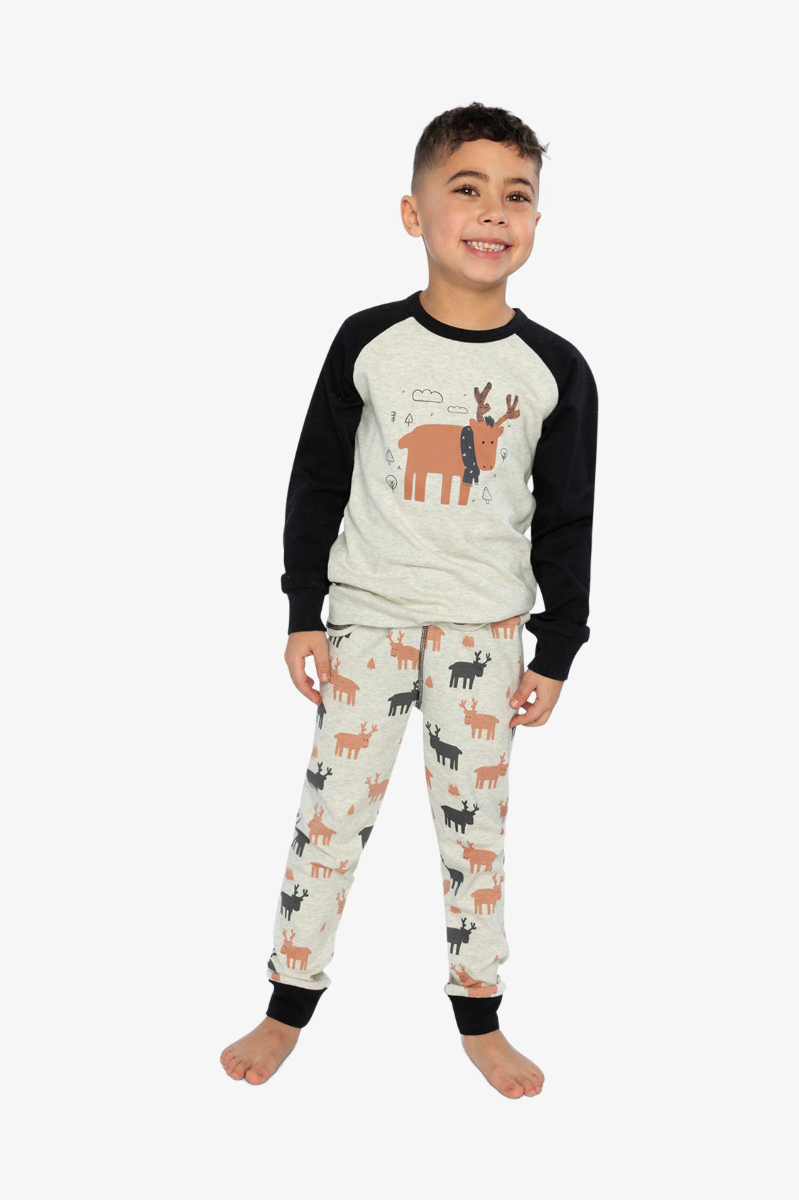 Deux par Deux Boys Organic Cotton Elk Print Two Piece Pajama Set with Raglan Sleeve Top and Waist Pants