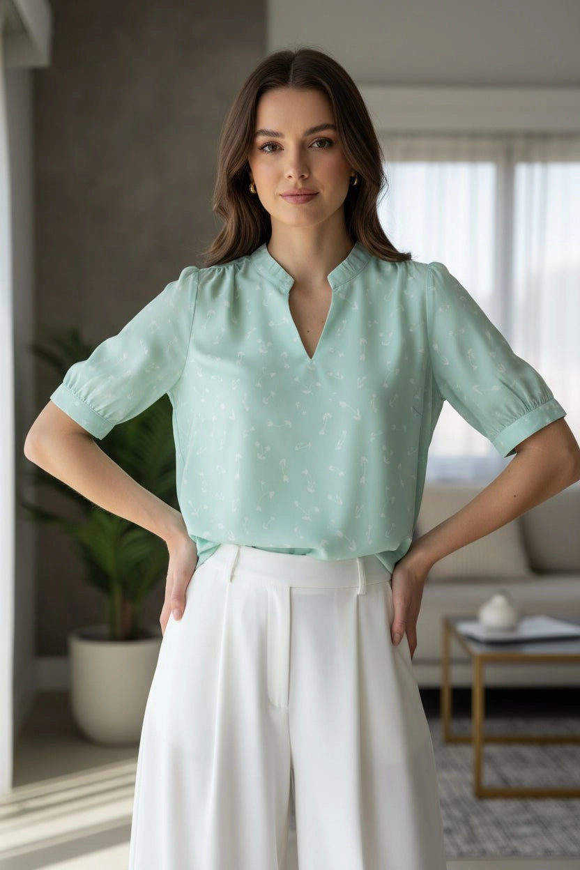 DressAtR Women's Round Split Neck Elbow Sleeve Pullover Blouse