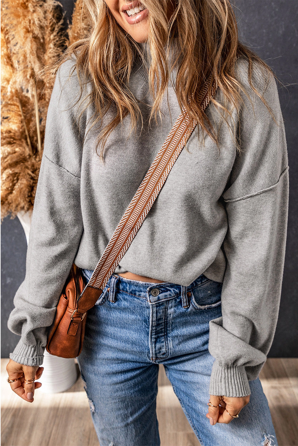 Threaded Pear Women's Brielle Turtleneck Drop Shoulder Bubble Sleeve Knit Sweater