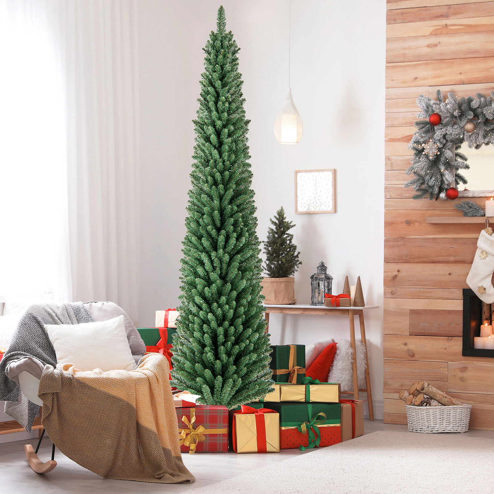 LJG Pencil Christmas Tree with Memory Wire Branch Tips and Warm LED Lights-8FT