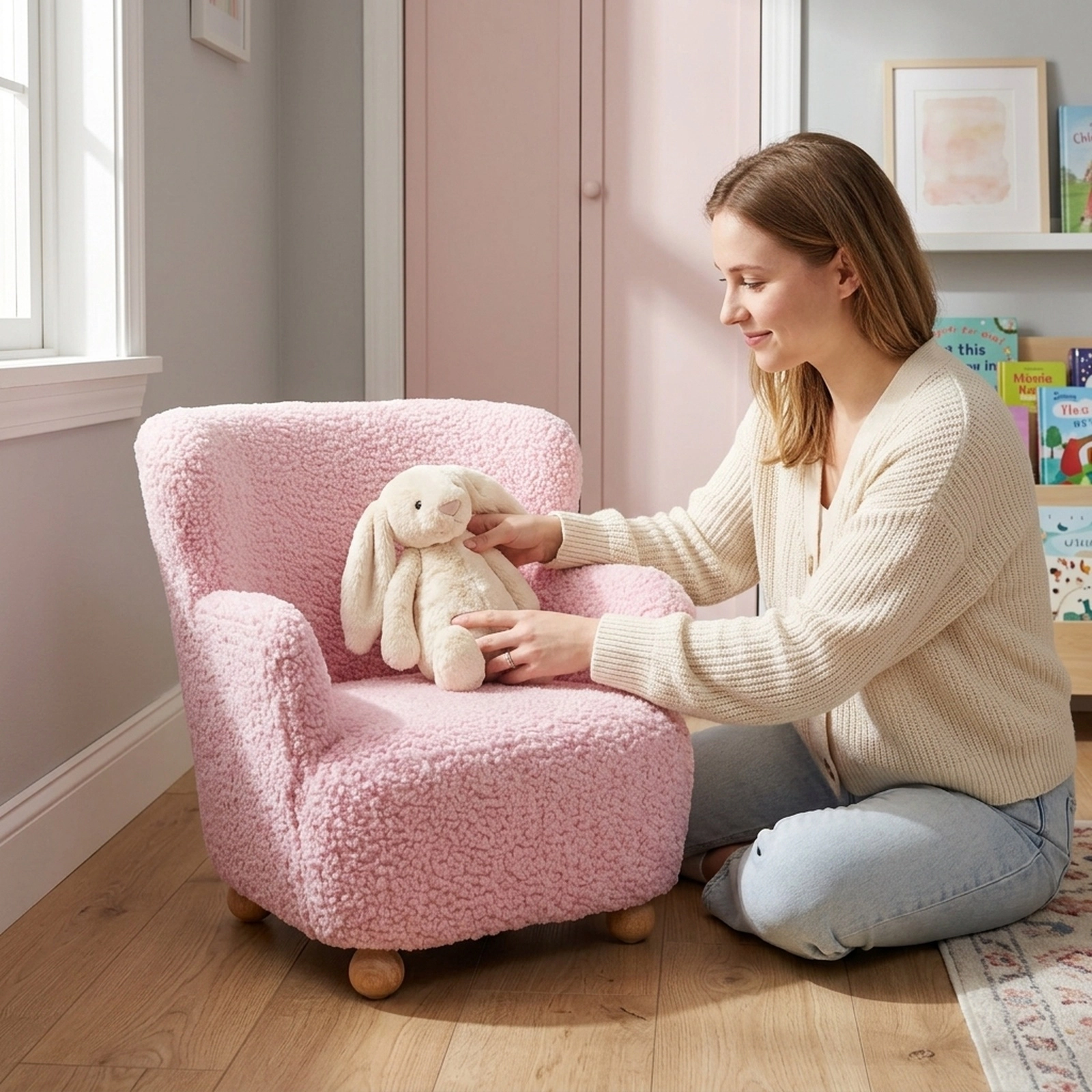 SUGIFT Kids’ Light Pink Sherpa Reading Chair with Rubber Wood Legs