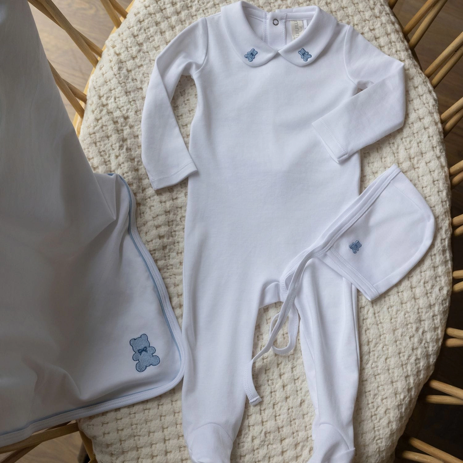 MeMoi 3 Piece Baby Boys 100% Pima Cotton Footie Set with Peter Pan Collar and Teddy Bear Embroidery