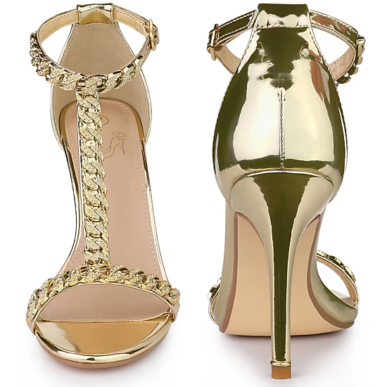BLISSFUL STEP Women's Rhinestone T Strap Ankle Strap Stiletto Heels Sandals