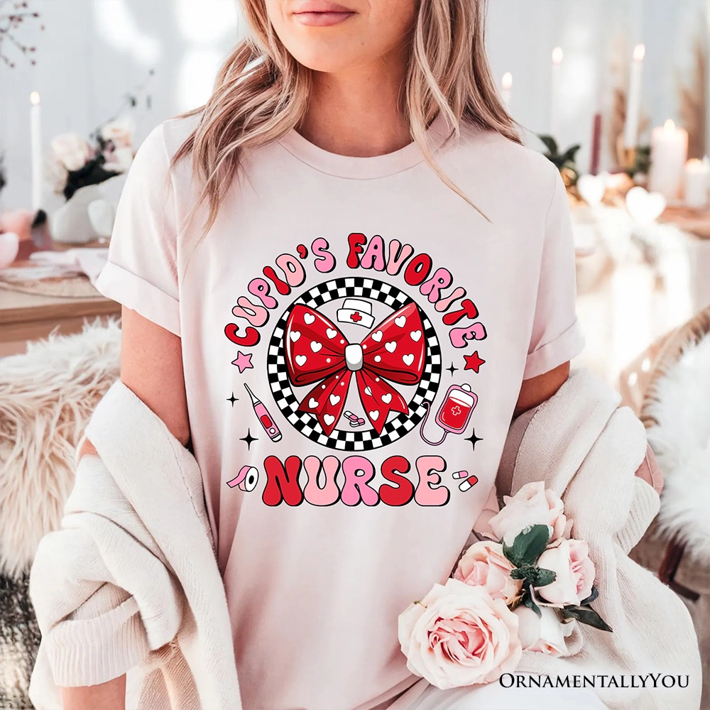OrnamentallyYou Womens Cupid's Favorite Nurse Coquette Bow Valentine T-Shirt