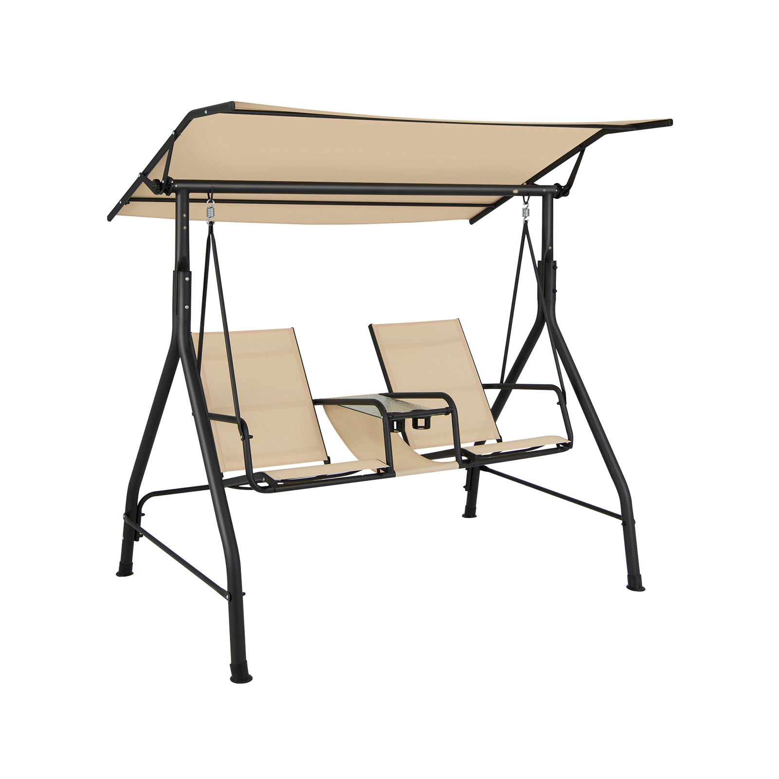 SUGIFT 2-Seat Outdoor Cushioned Porch Swing with Adjustable Canopy and Tempered Glass Table 530-lb Capacity Beige