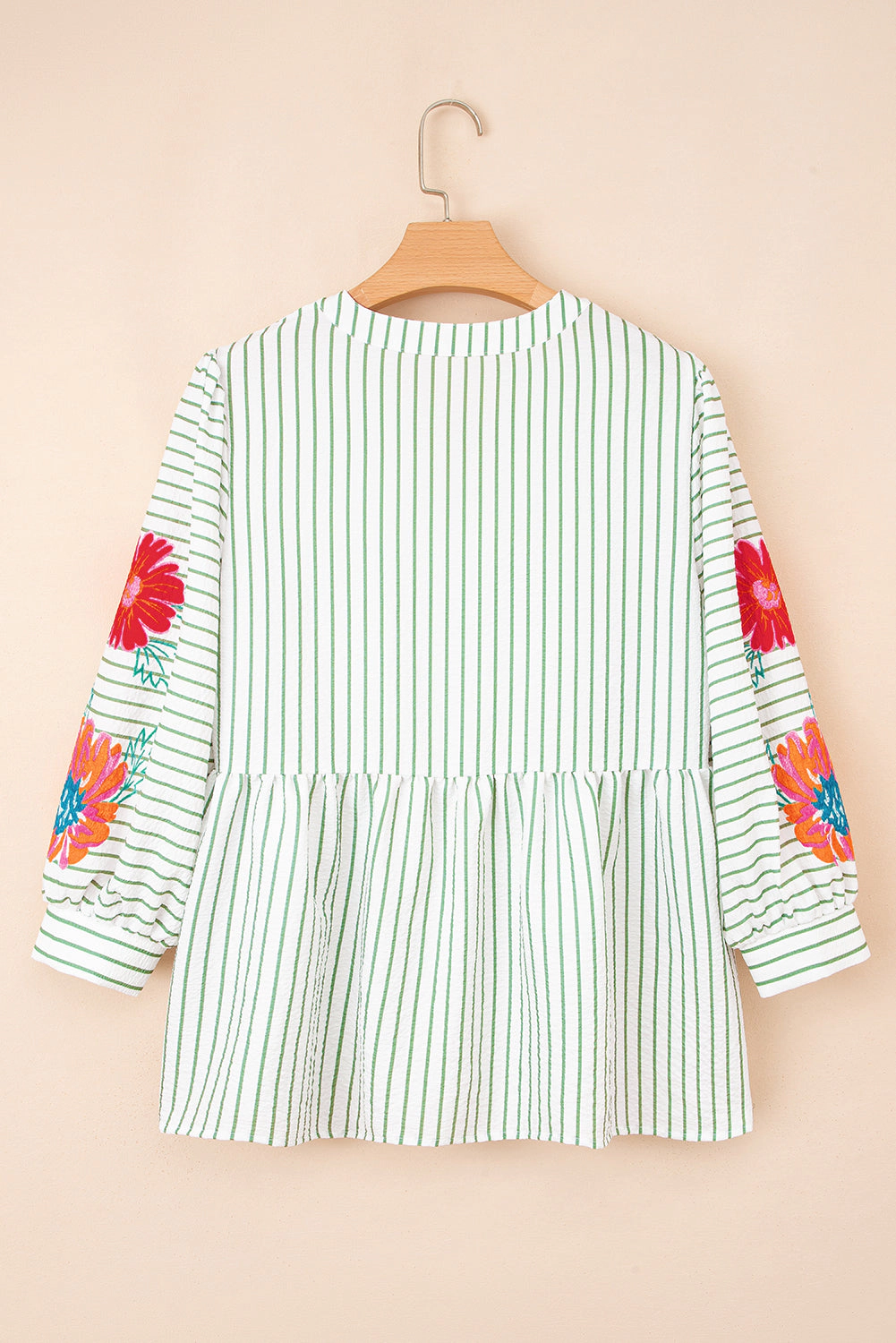 Threaded Pear Women's Ashley Stripe Flower Puff Sleeve V Neck Babydoll Blouse