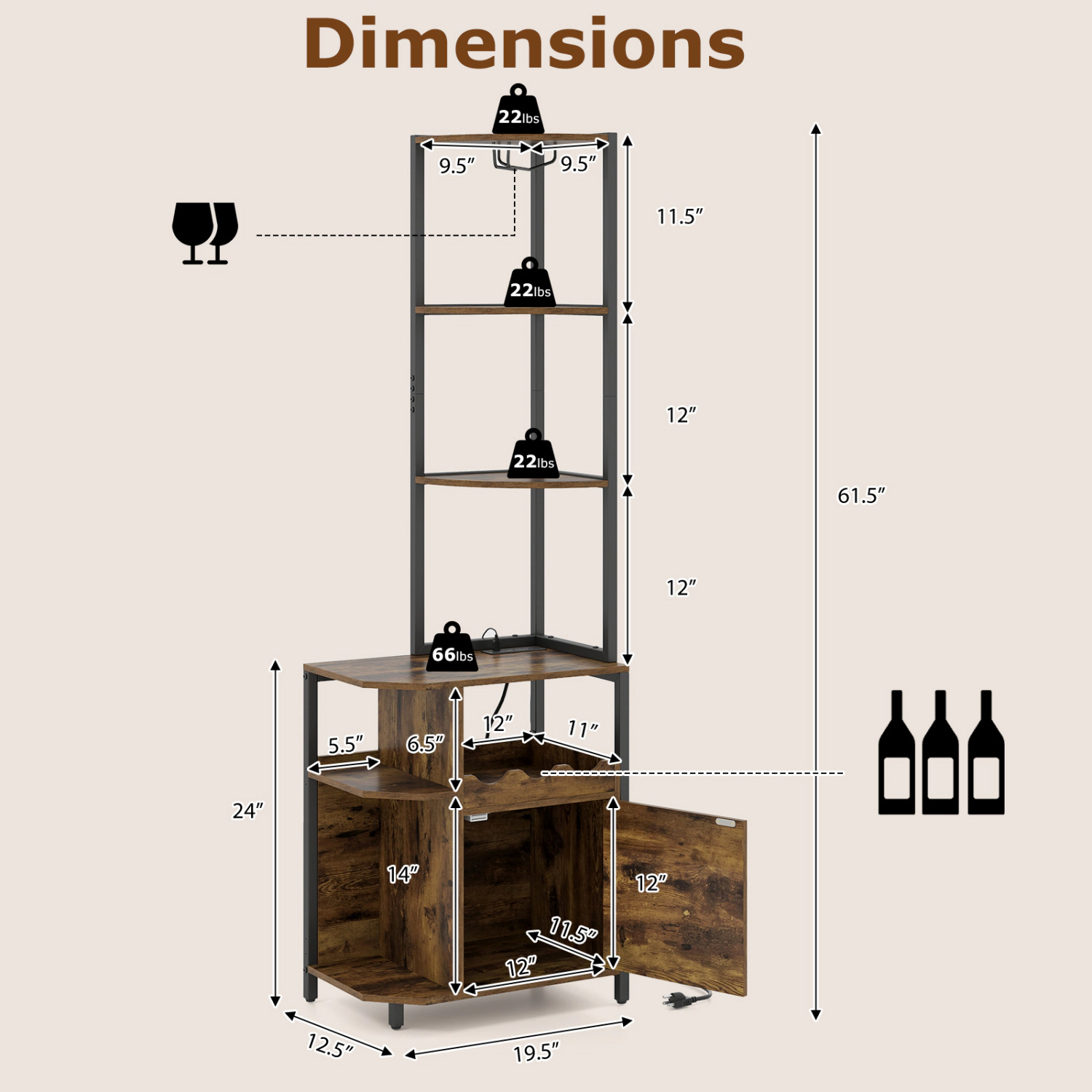 Glintex 61.5-Inch Corner Bar Cabinet with LED Lights and Charging Station, Rustic Brown