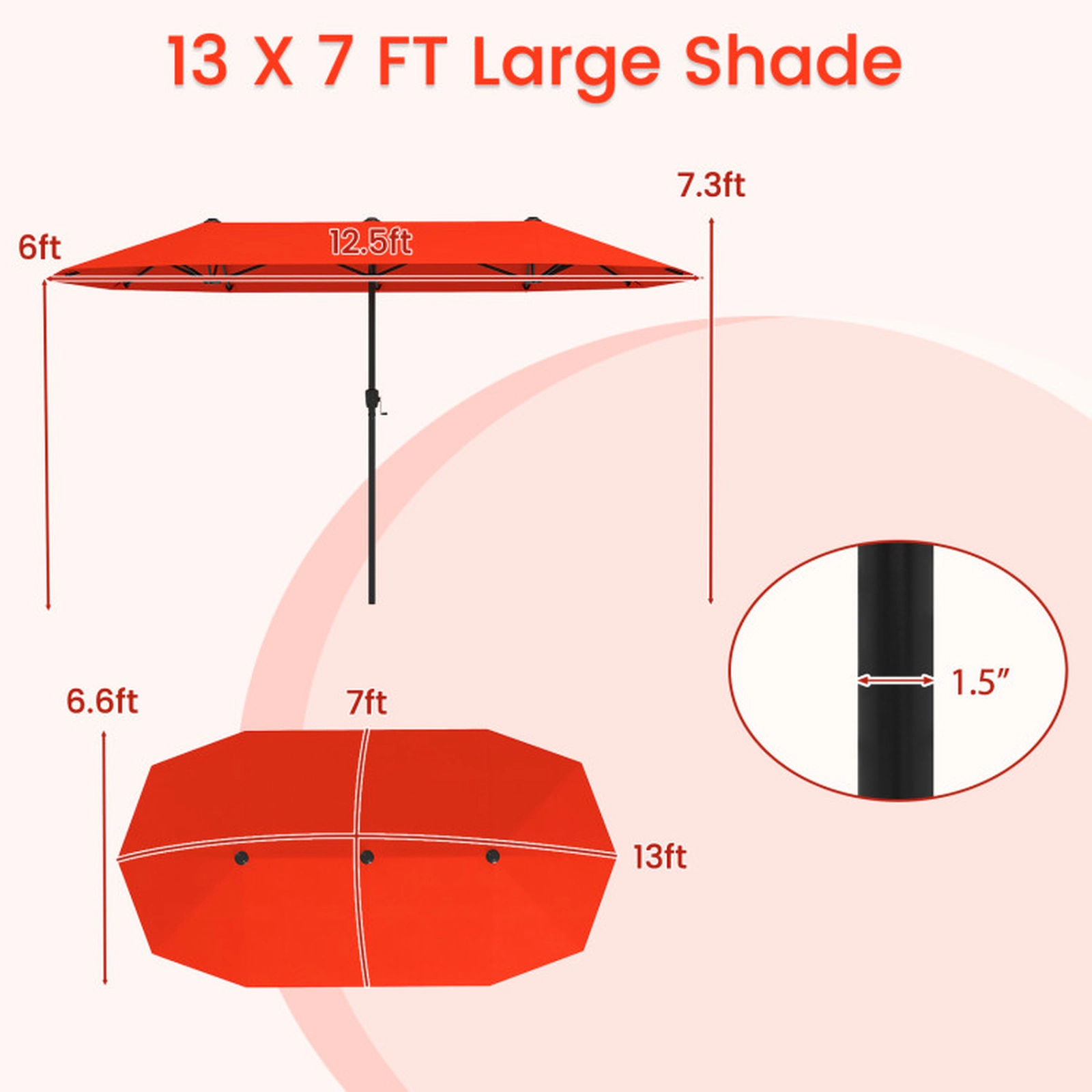 SUGIFT 13-ft Double-Sided Patio Market Umbrella with Crank Handle Polyester Fabric Canopy Orange