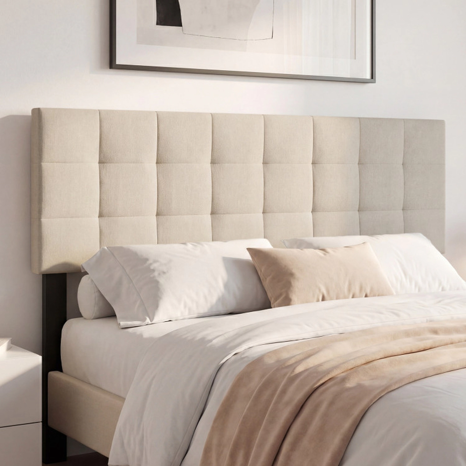 SUGIFT Quilted Grid Upholstered Panel Headboard for Full/Queen Beds 47-in Tall Beige Faux Linen