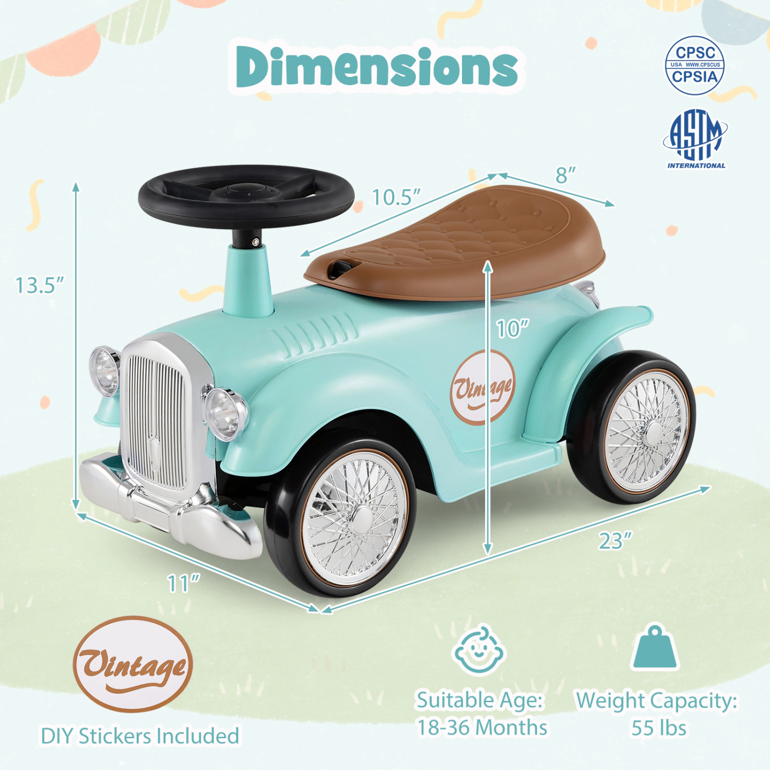 LJG Kids Sit to Stand Vehicle with Working Steering Wheel and Under Seat Storage