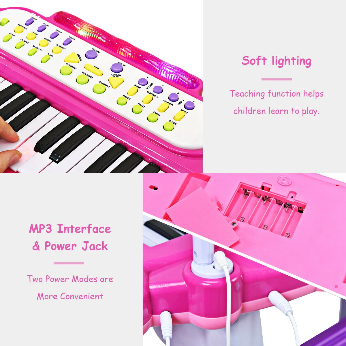 SUGIFT Kids Pink 37-Key Electronic Toy Piano Keyboard with Stool and 8 Instrument Sounds 22.5-in W 11-in D 18-in H