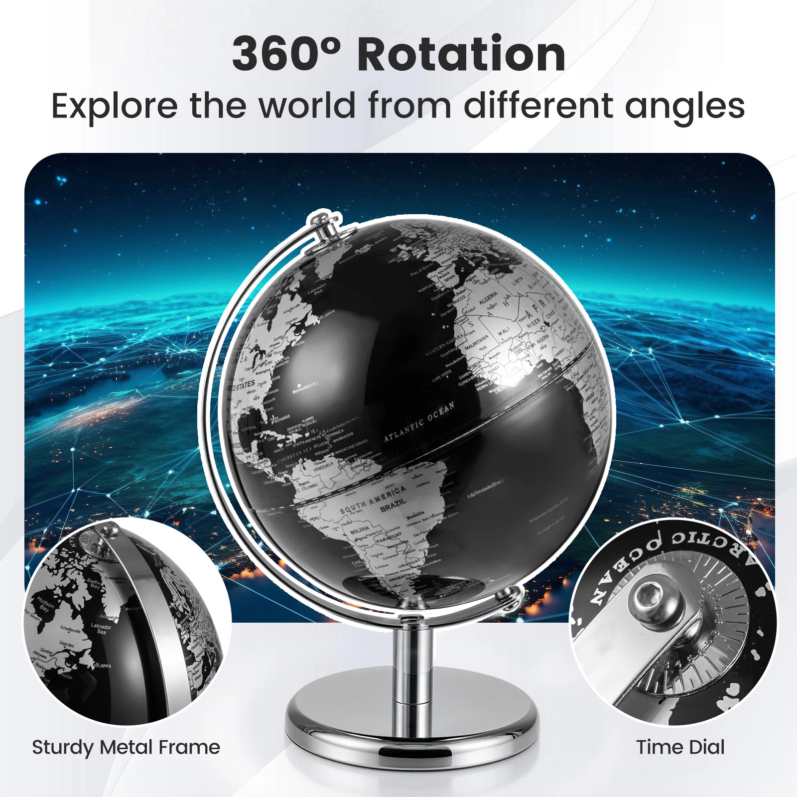 SUGIFT 8-in Rotating Decorative World Globe Interactive Desktop Learning Toy Black + Silver