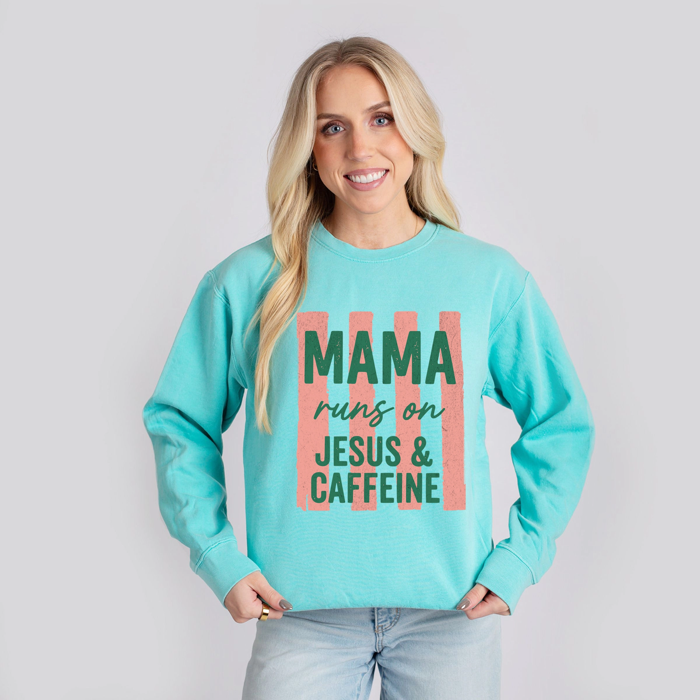 Simply Sage Market - Mama Runs On Jesus and Caffeine Women's Lightweight Garment Dyed Sweatshirt
