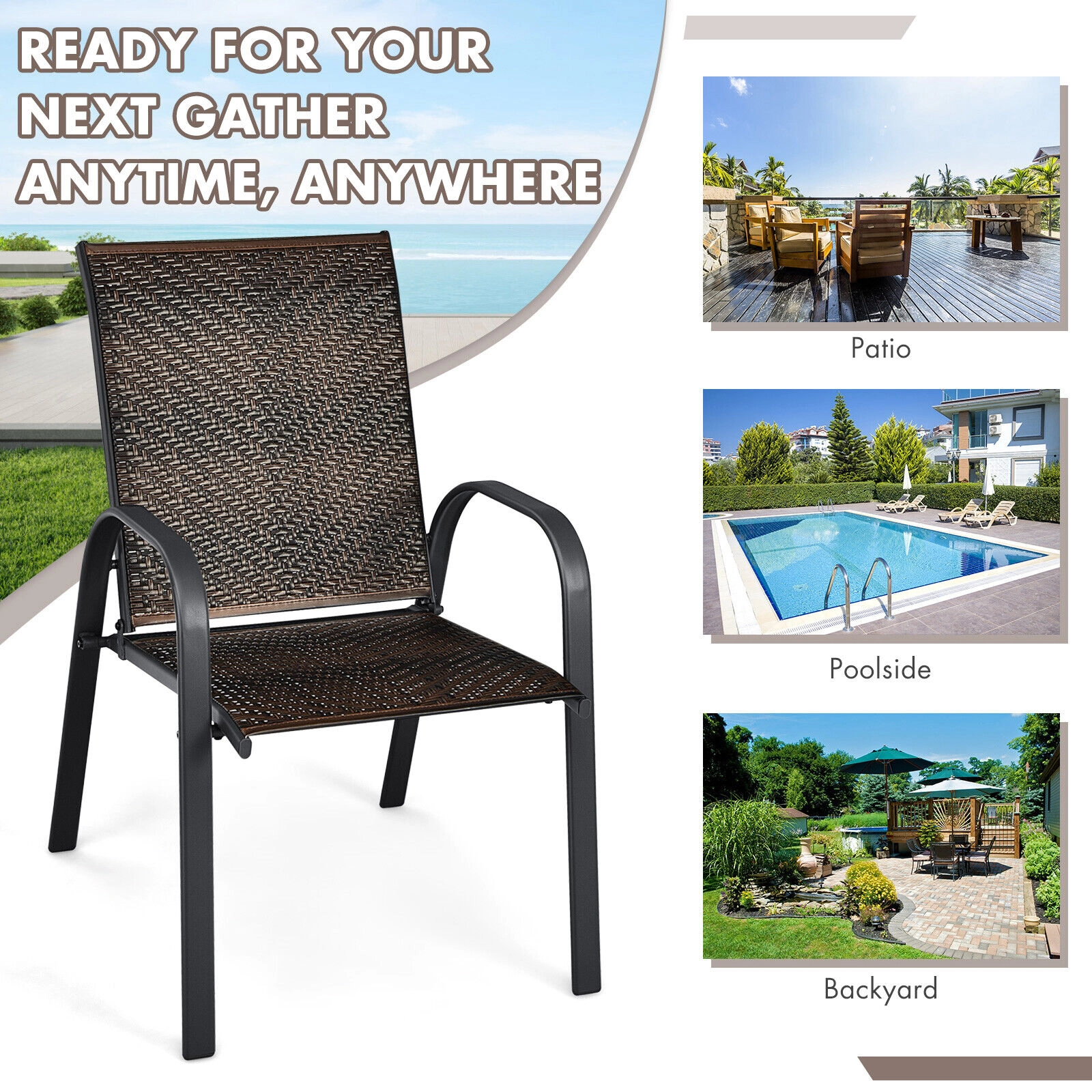 LJG Set of 6 Outdoor PE Wicker Stackable Chairs with Sturdy Steel Frame