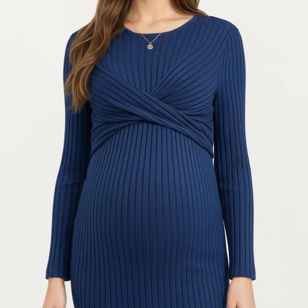 Anna-Kaci Women's Ribbed Knit Long Sleeve Front Twist Maternity Dress