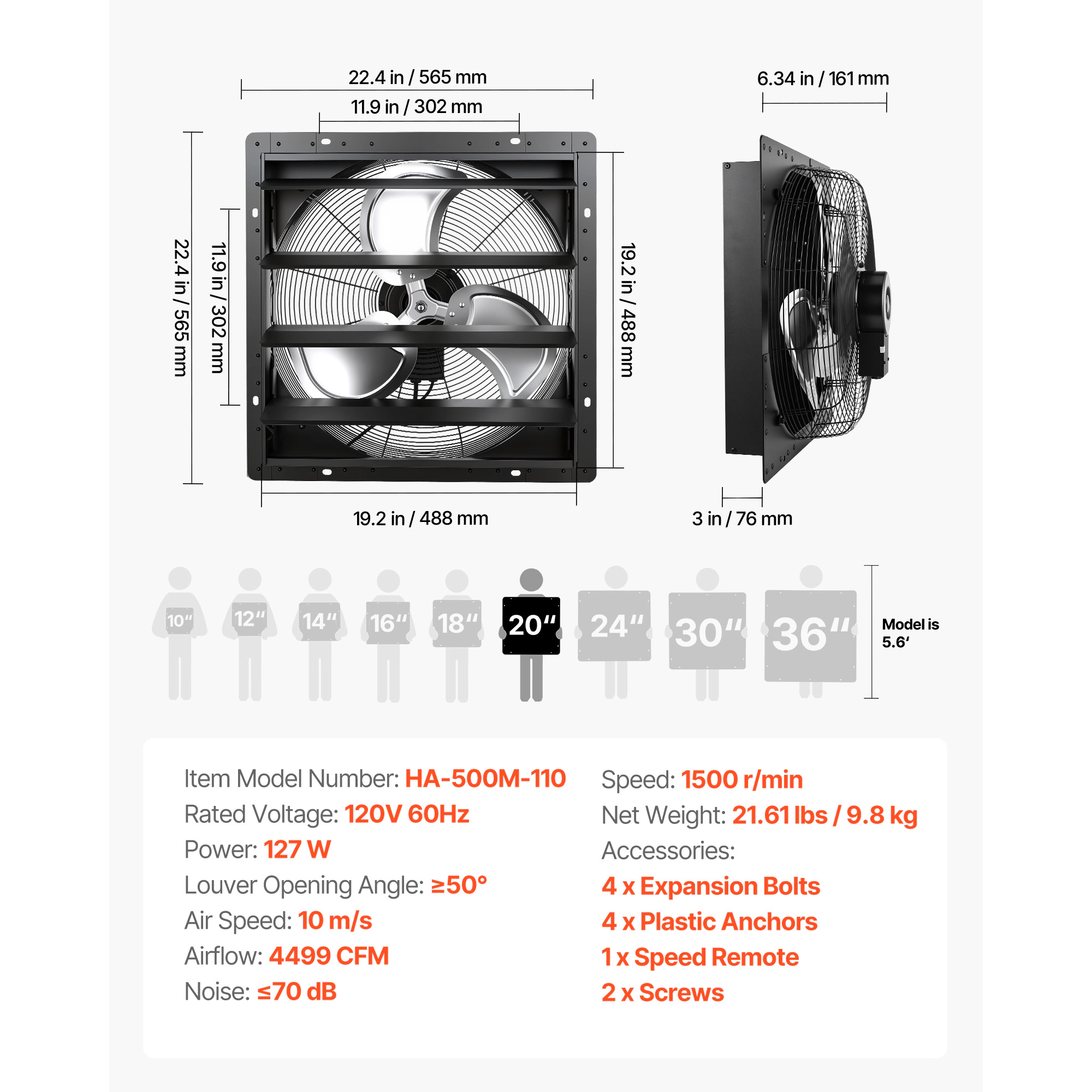 HONGGE Shutter Exhaust Fan Wall-Mount Automatic Louvers Variable Speed Sturdy Steel Housing Low Noise AC Motor