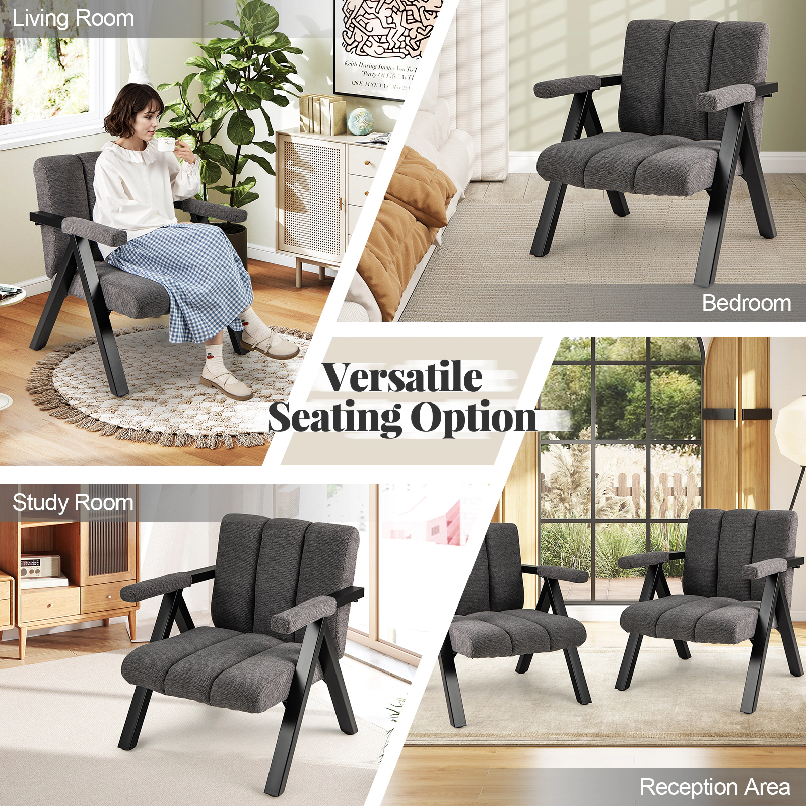 SUGIFT Oversized Accent Chair with Metal Frame and Armrests 330-Lb Capacity Gray with Black Accents