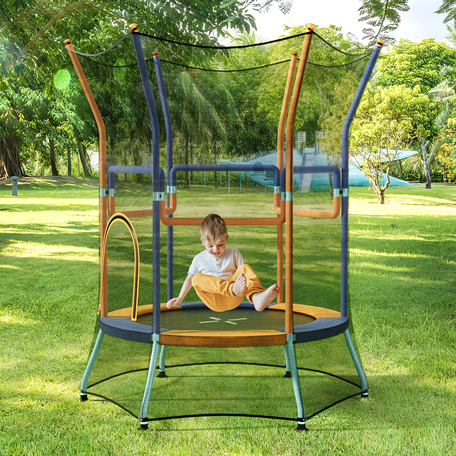 Mini Trampoline Kids Safety Enclosure Net Padded Foam Handrails 35.5-in Jump Mat Ages 3-6 Orange Toddler Trampoline