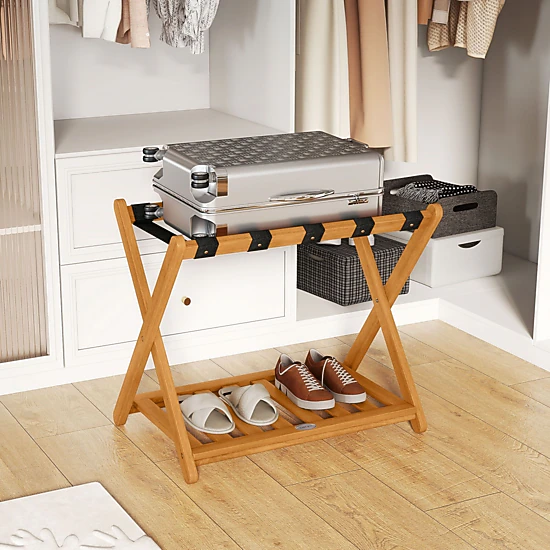 SlickBlue Set of 2 Folding Luggage Racks Acacia Wood Suitcase Stand with Shelf