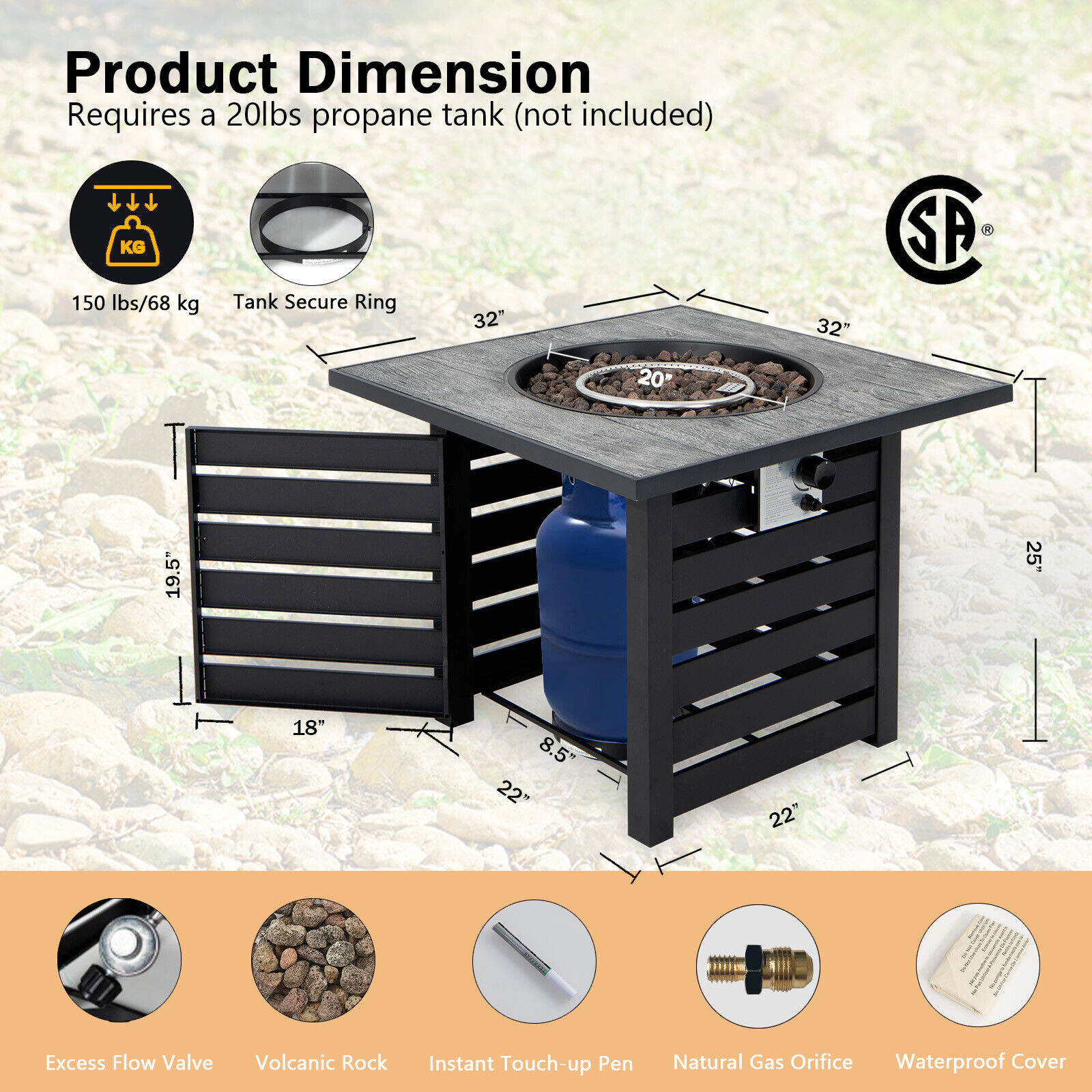 SUGIFT Square Propane Fire Pit Table 150-lb Tabletop Capacity with Lava Rocks and Rain Cover Black