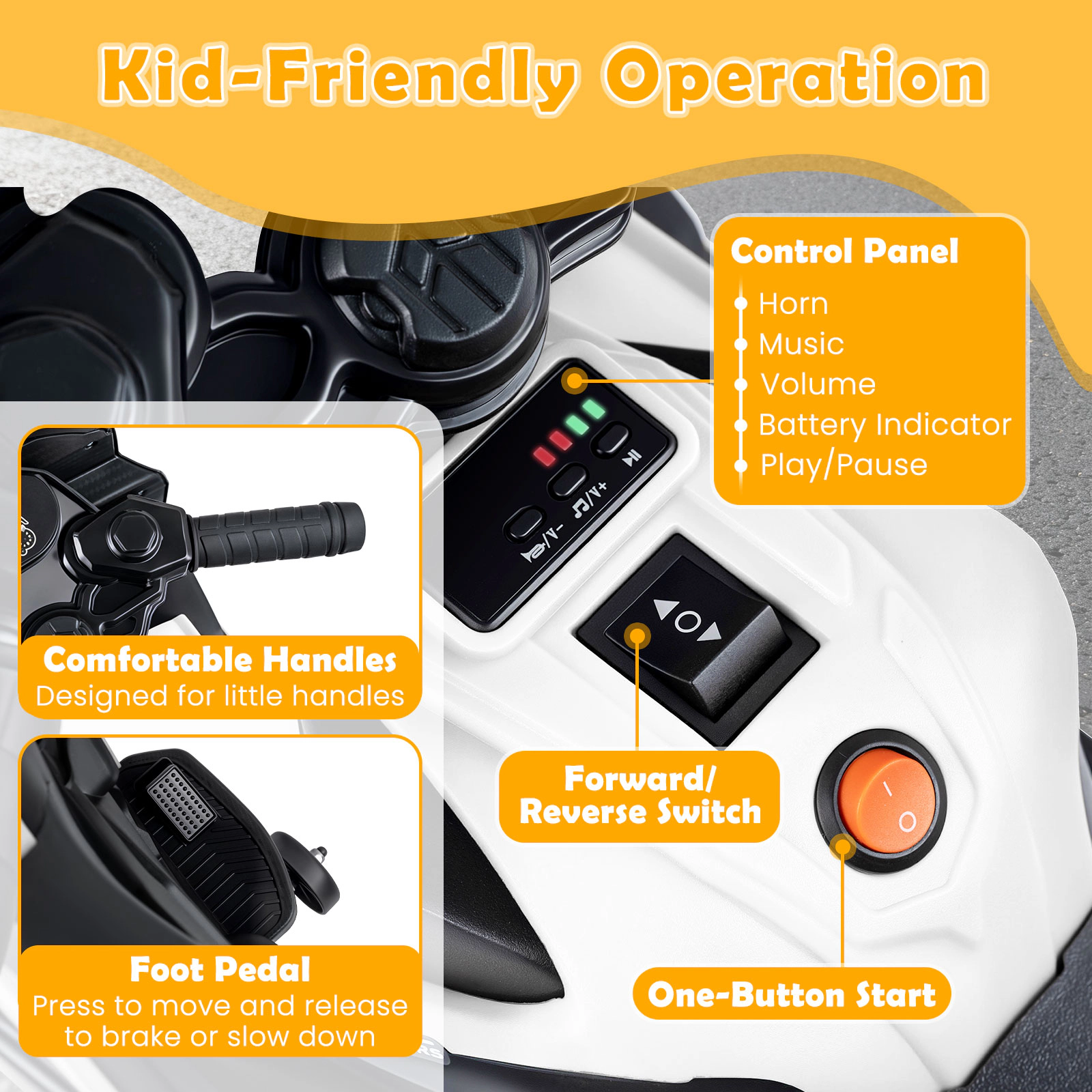 6V Kids Motorcycle Ride On Toy Detachable Training Wheels LED Headlights Music Panel and Rearview Mirror Ages 3+ White