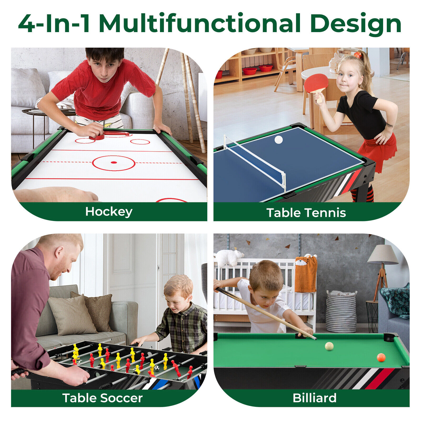 SUGIFT Black 4-in-1 Multi Game Table with Pool Foosball and Hockey Surfaces 49-in W 38-in D 32.5-in H