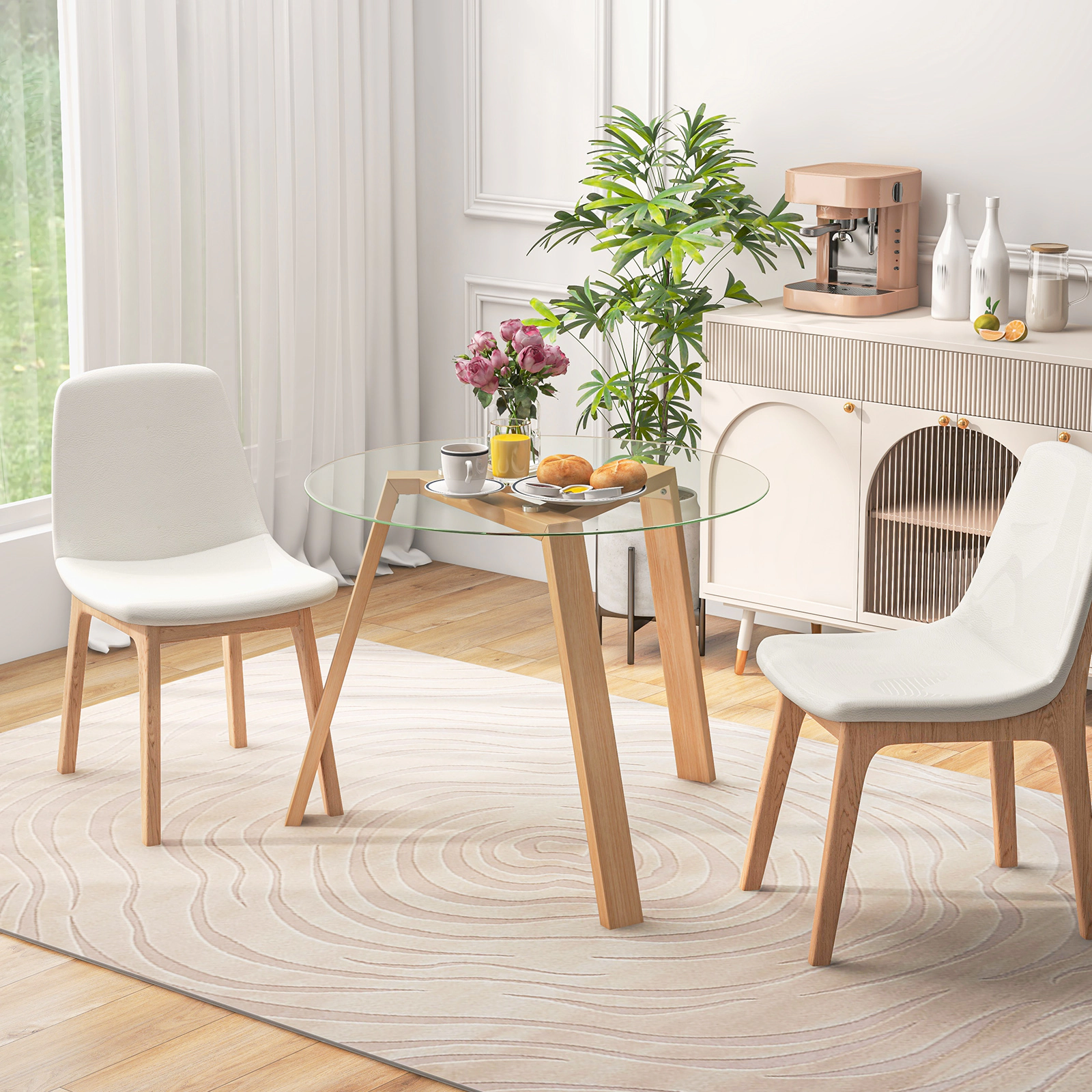 LJG 36 Inches Round Glass Dining Table for 4 with Rubber Wood Frame