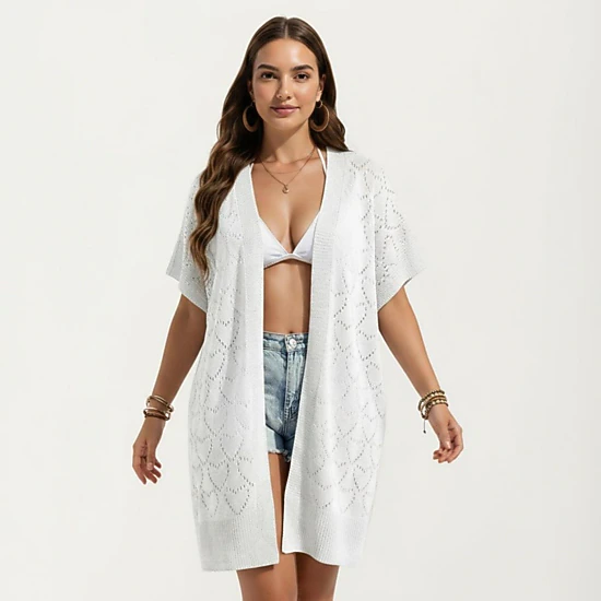 Anna-Kaci Women's Open-Front Knit Cardigan with Heart Pointelle Pattern Short Sleeves Mid Length Fit