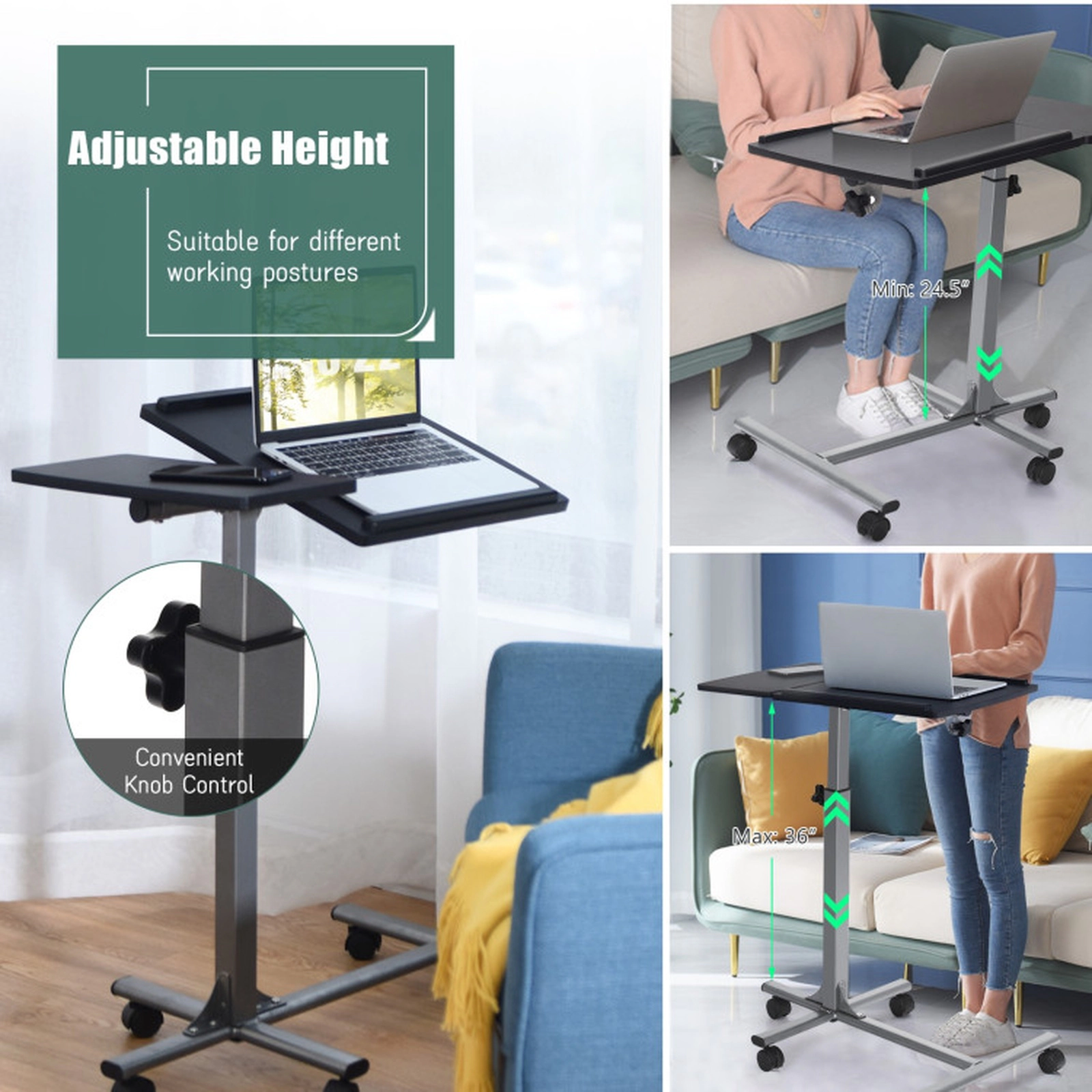 SUGIFT Adjustable Angle Height Rolling Laptop Lap Desk with Tilt Top 24.5-36-in Height Black