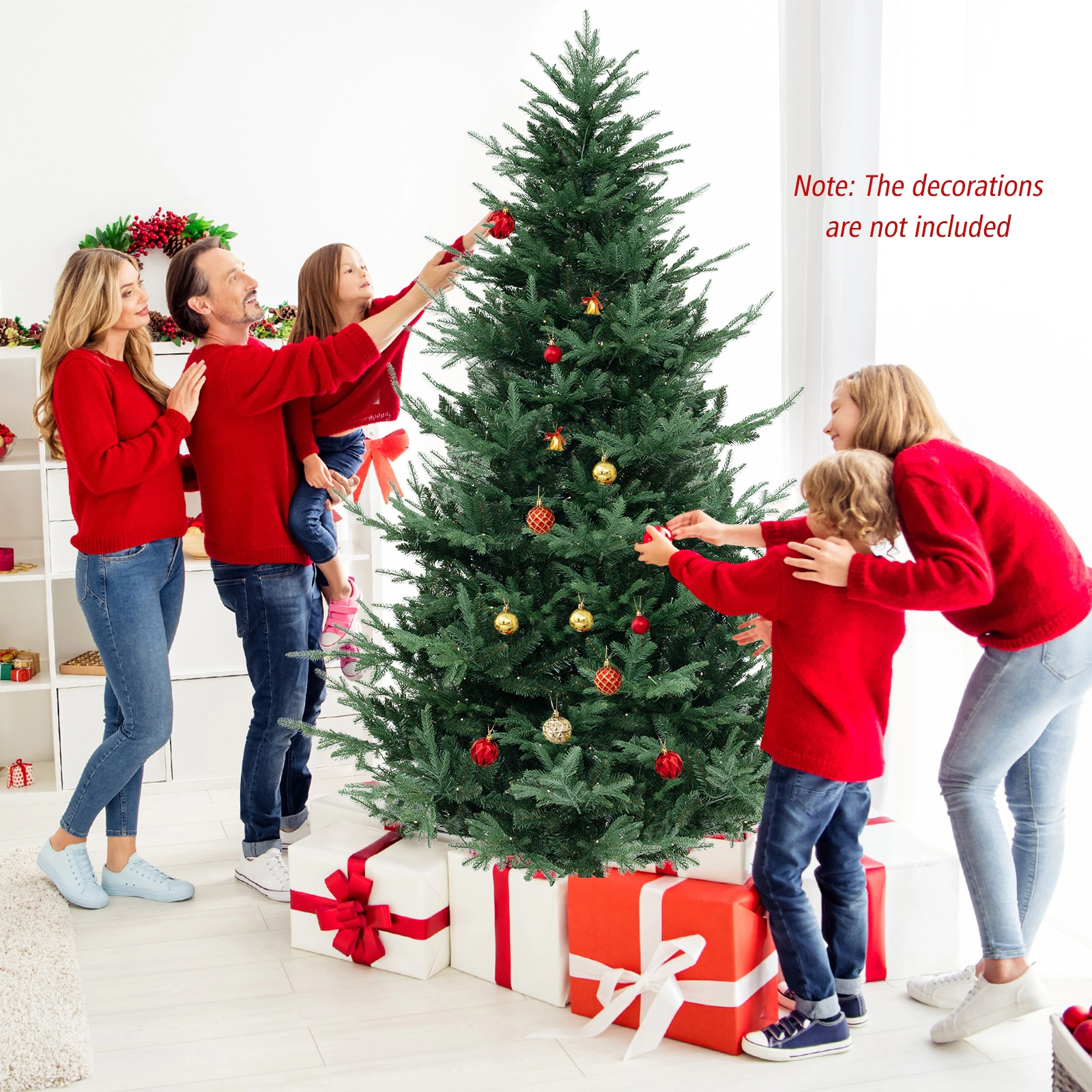 SUGIFT 8-ft Pre-Lit Hinged Artificial Christmas Tree with 1480 PVC and PE Branch Tips 450 LED Lights 4 Sections Green