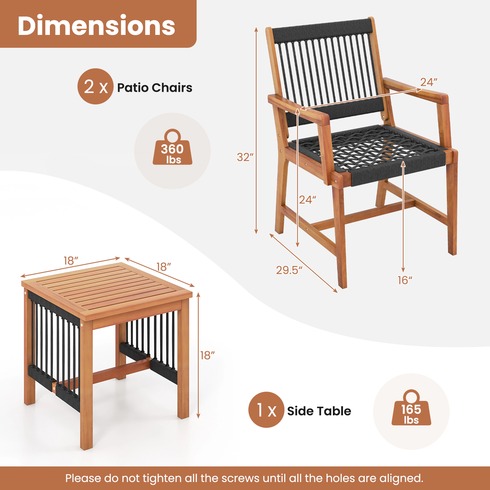 SUGIFT Hand-Woven Black Rope Seat and Back 3-Piece Acacia Wood Patio Armchair Set