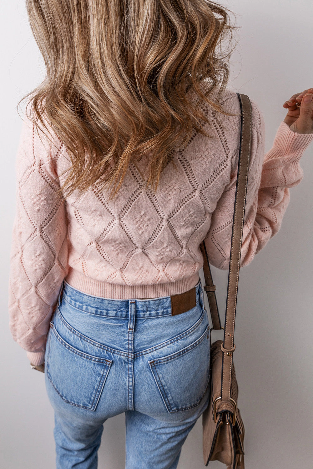 Threaded Pear Women's Molly Openwork Plaid Puff Sleeve Cropped Sweater