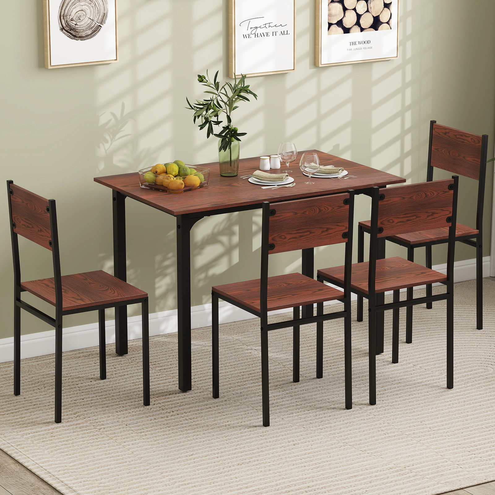 SUGIFT Walnut Industrial 4 Chairs and Kitchen Table 5 Piece Dining Set