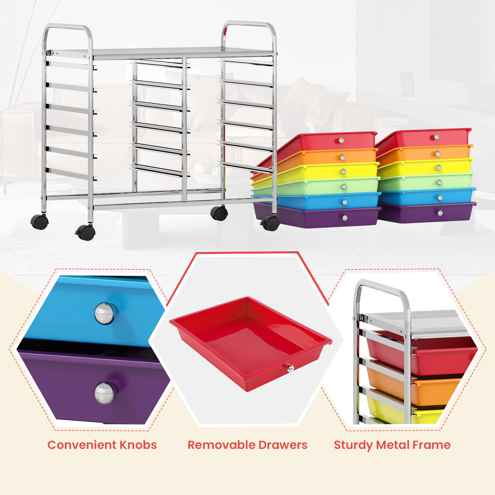 SUGIFT 12-Drawer Rolling Office Cart Home Filing and Supply Organizer with Locking Wheels and Top Shelf