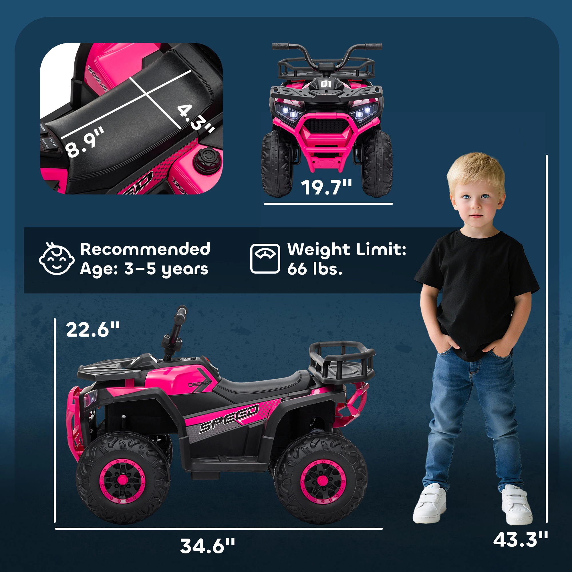HONGGE Kids ATV Quad with 4-Wheel Suspension, Storage Basket, LED Lights and Music, Ages 3-5, Pink