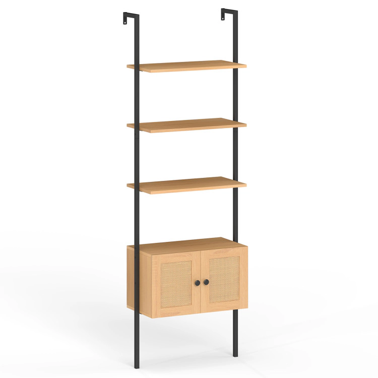 Hivvago 5-Tier Ladder Bookcase with Rattan Cabinet and Metal Frame