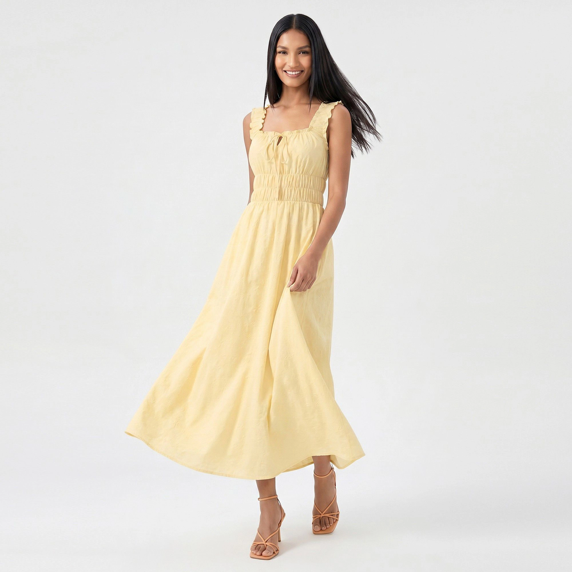 Anna-Kaci Women's Smocked Ruffle Straps Tie Front Neckline Maxi Dress