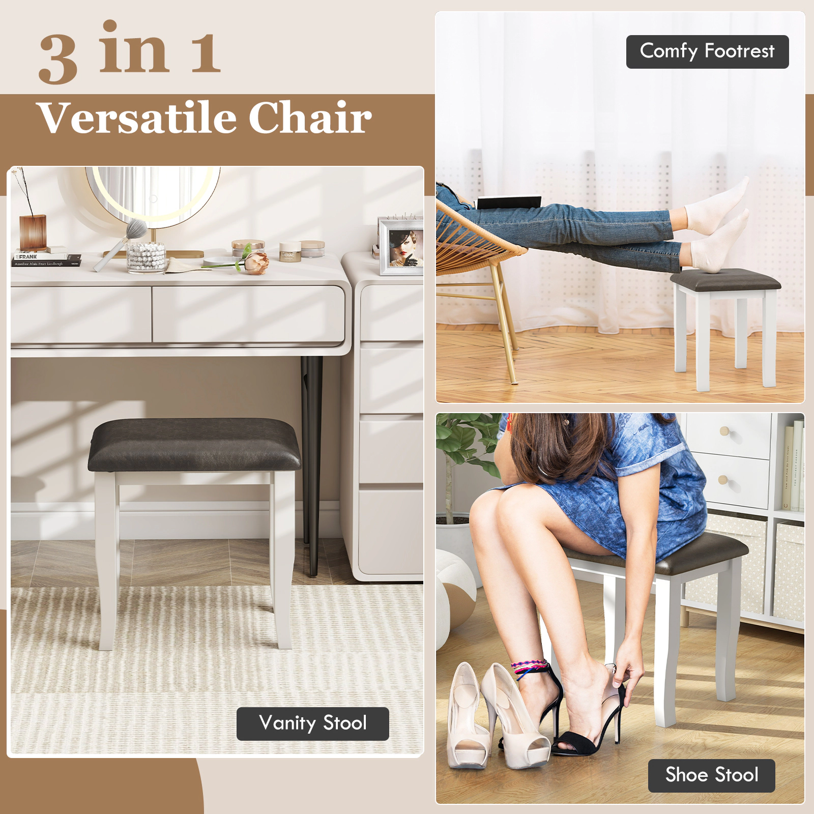 SUGIFT Set of 2 Faux Leather Vanity Stool Chairs with Padded Seat 18.5-in Wide 250-Lb Capacity Gray and White
