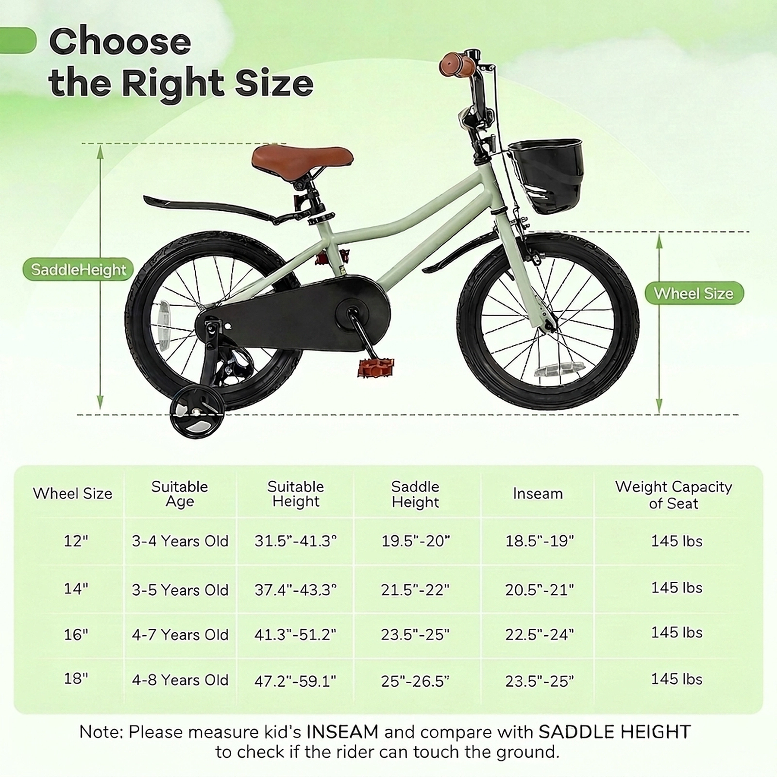 SUGIFT Green Removable Training Wheels Quick Release Seat and Reflectors Kids 16 Inch Bike