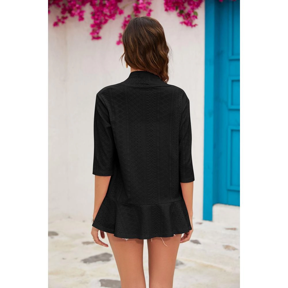 KOJOOIN Women Open Front Eyelet Knit Cardigan Lightweight 3/4 Sleeve Hollow‑Out Drape Cover‑Up