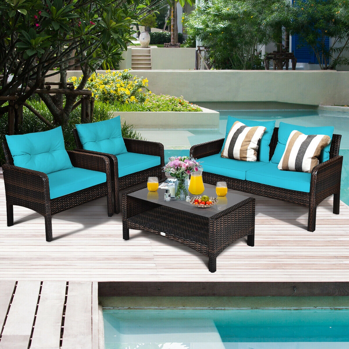 LJG 4 Pieces Outdoor Rattan Wicker Loveseat Furniture Set with Cushions