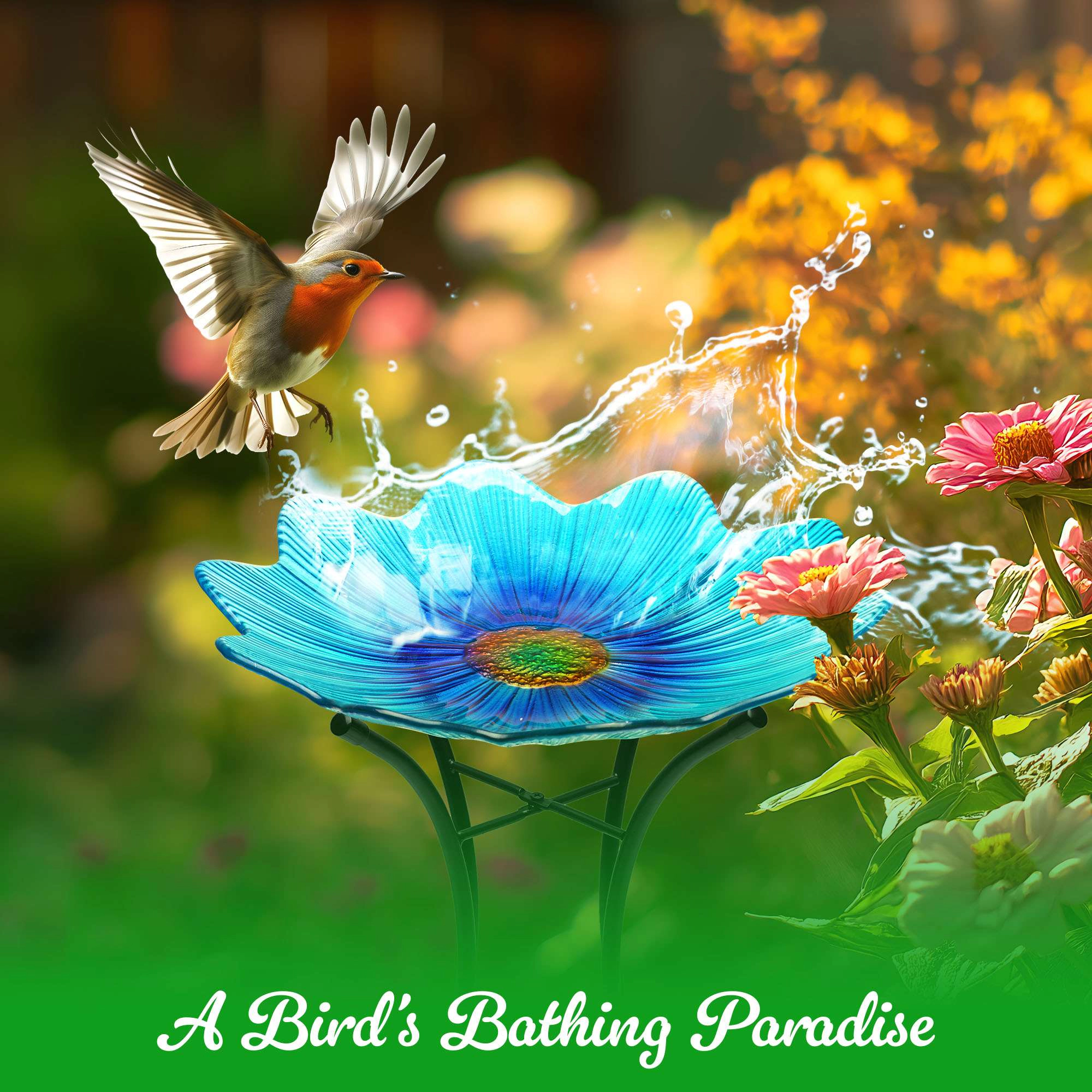 G128 19 Inch Blue Glass Bird Bath with Stainless Metal Stand, Decorative Outdoor Bird Feeder Bowl