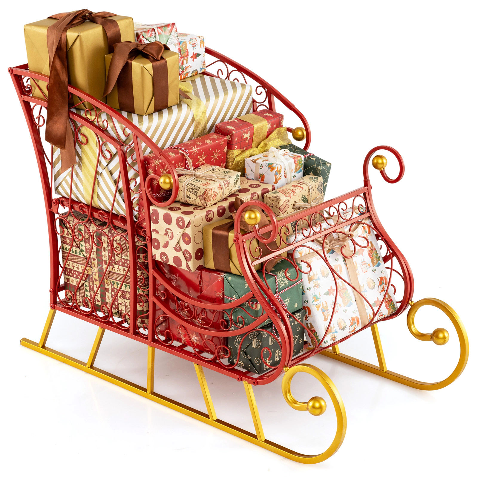 SUGIFT Red and Gold 2-Tier 33.5-in Metal Christmas Santa Sleigh Basket for Gift and Ornament Storage